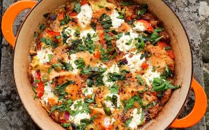 Goat's cheese, red onion and red pepper frittata