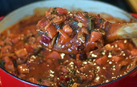 Harissa and Olive Stew with Smoked Cheddar Dumplings