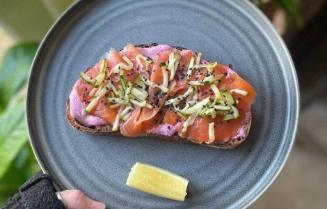 Smoked Salmon with Beetroot Cream Cheese and Pickled Cucumber on Sourdough Recipe