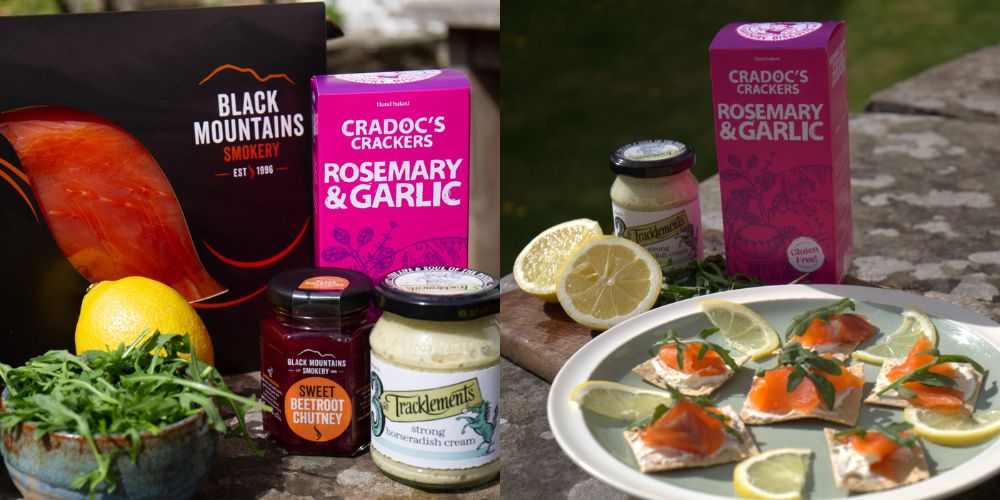 Black Mountains Smokery Cold Smoked Trout Canapes with Horseradish, Rosemary and Garlic Crackers, Rocket and Lemon