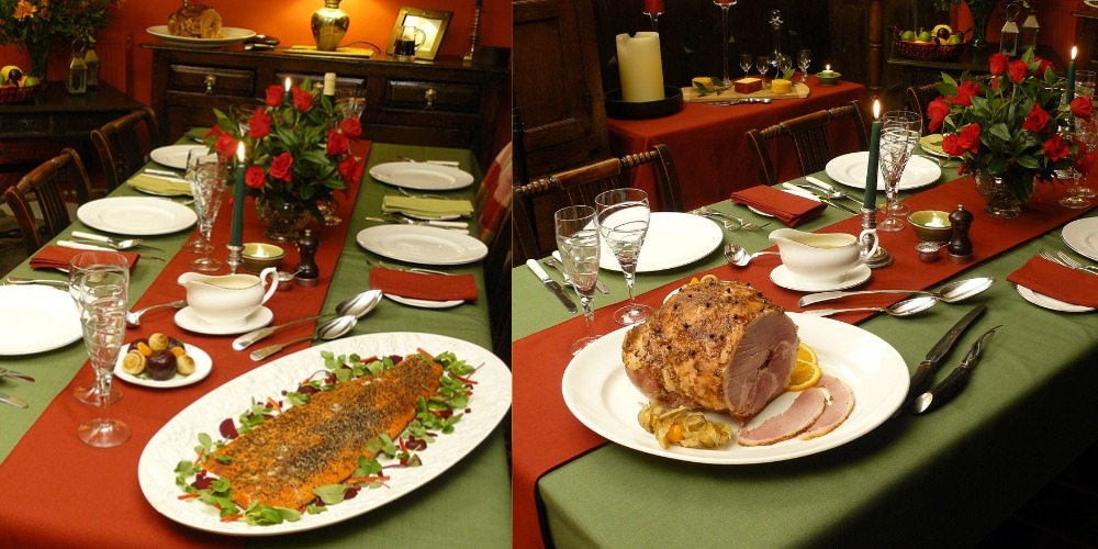 Peppered Salmon and Glazed Ham Christmas dinner